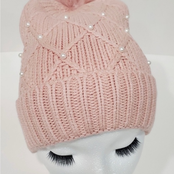 Inc Cable Knit Cap w/ Pink Pom Pom & Pearl Accents - Picture 6 of 6